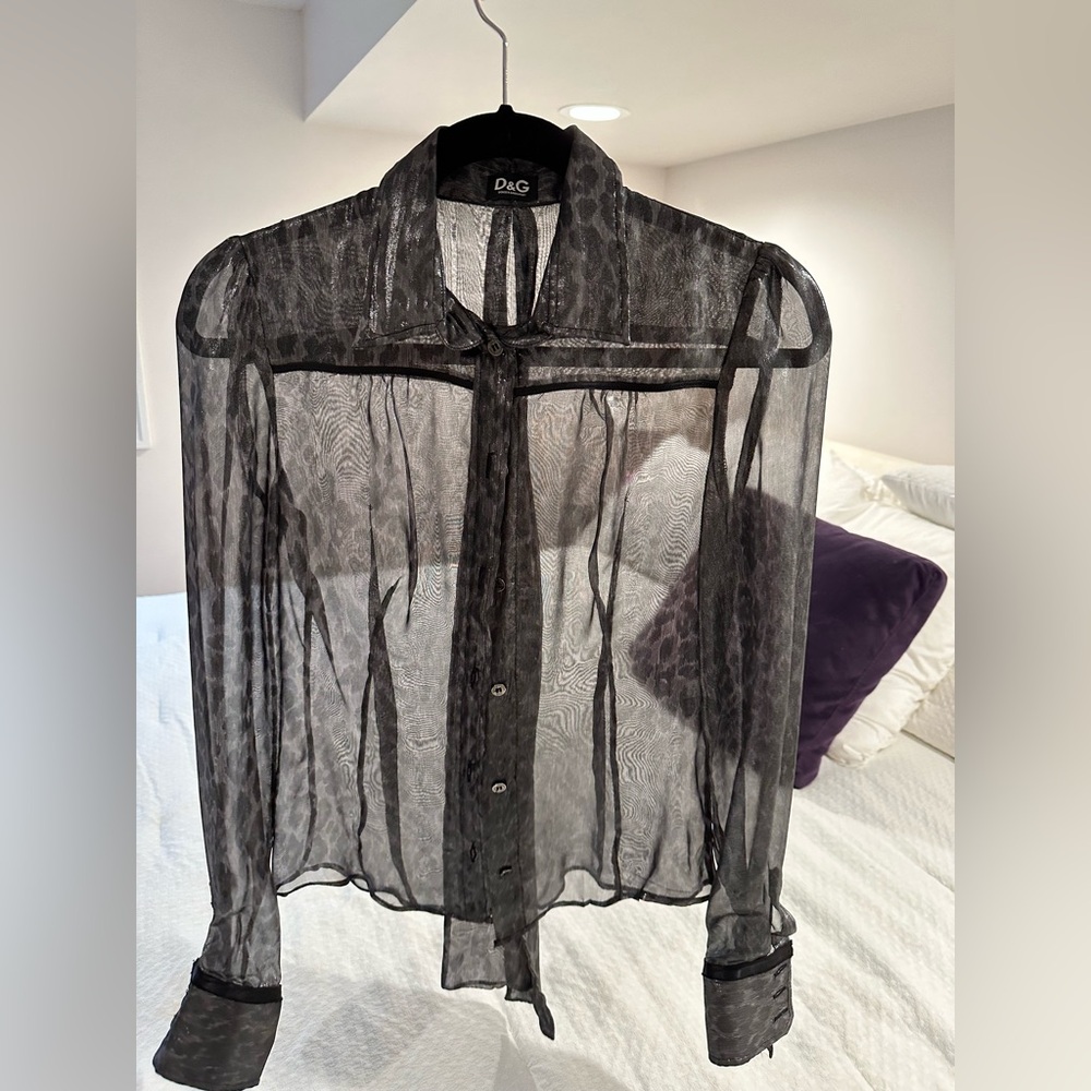 Dolce and Gabbana sheer metallic blouse with neck tie accent.  Size XS/S